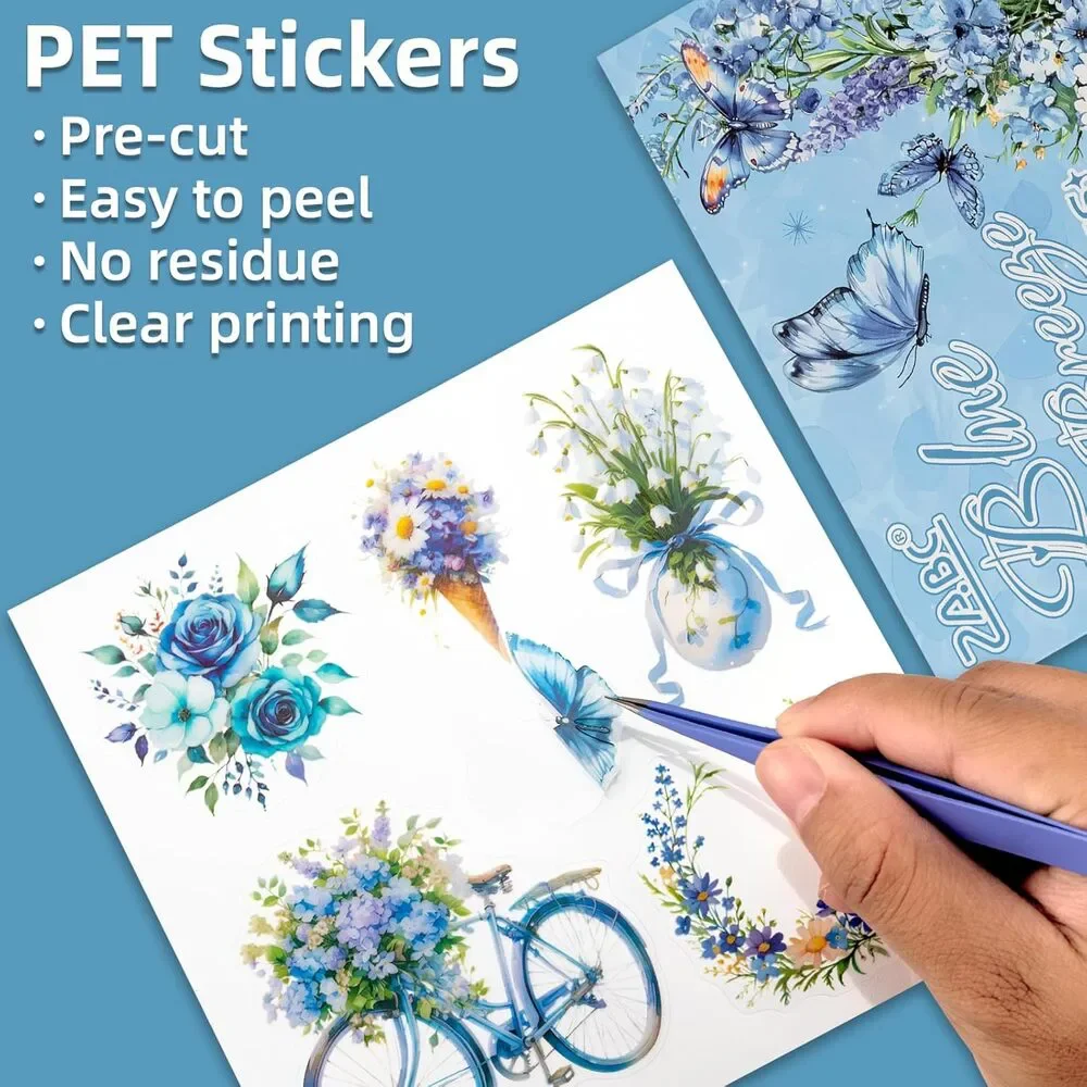 Blue Butterfly Scrapbooking Stickers Junk Journal PET Vintage Floral 30 Sheets